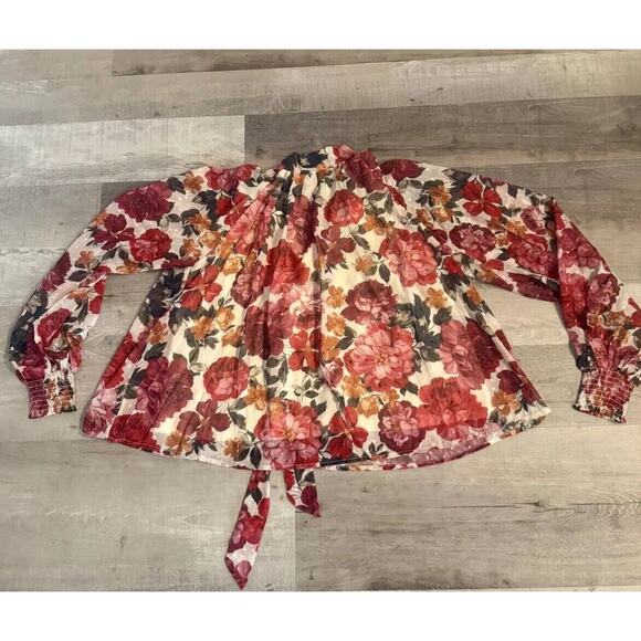 AURA Blouse Top Women Medium Multi Floral Pleated Mock Neck Tie Back Long Sleeve - Picture 3 of 6